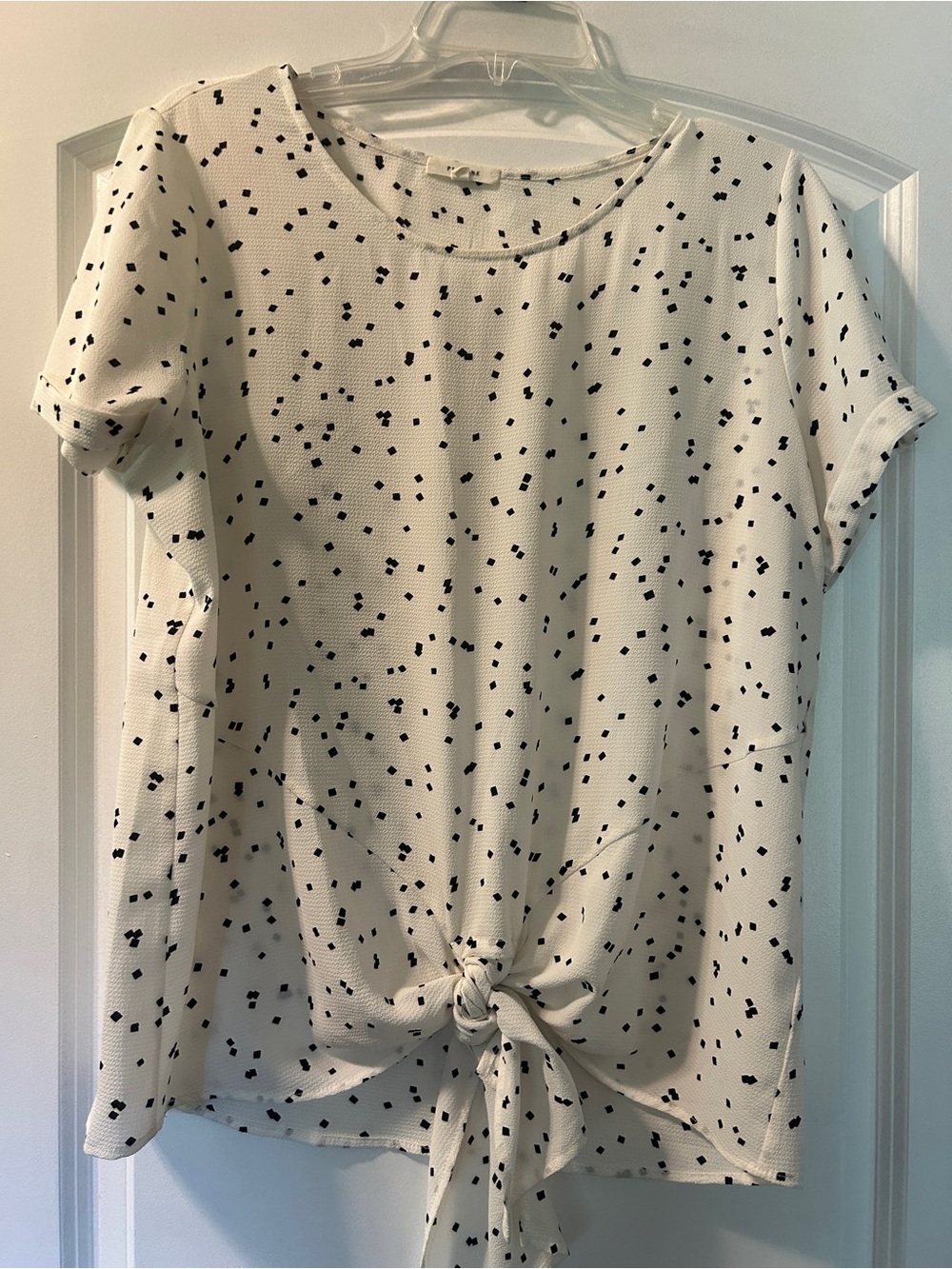 Pleione White Short Sleeve Knot Front Top with Black Dot Print